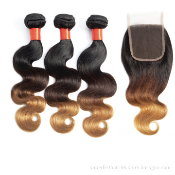 Hot selling Beauty Products 2019 Hair Bundles 1B 4 27 Ombre Color Virgin Raw Human Hair Weaving With Lace Closure